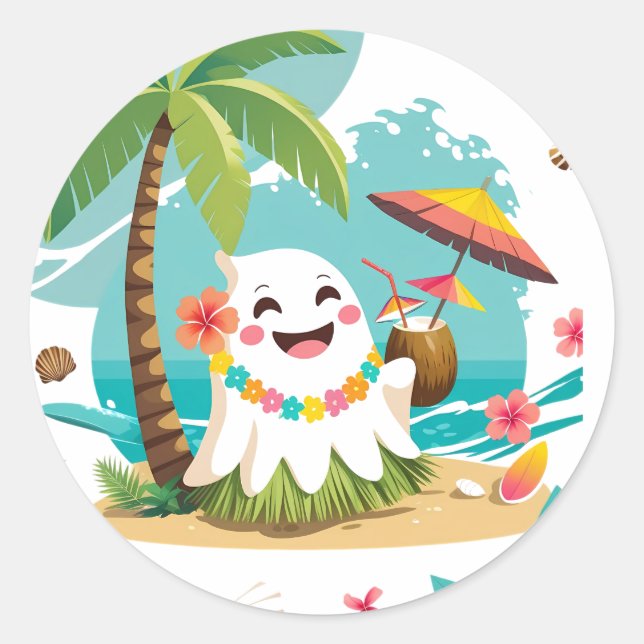 Tropical Boo – Kawaii Hawaiian Ghost Vacation Classic Round Sticker (Front)