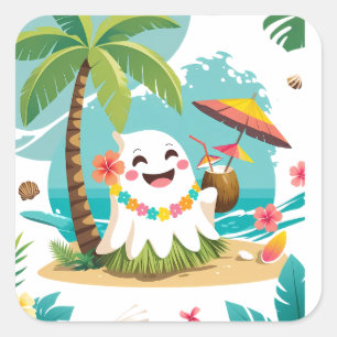 Tropical Boo – Kawaii Hawaiian Ghost Vacation Square Sticker