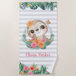 Tropical Borders Hibiscus Flowers Sloth Custom Beach Towel