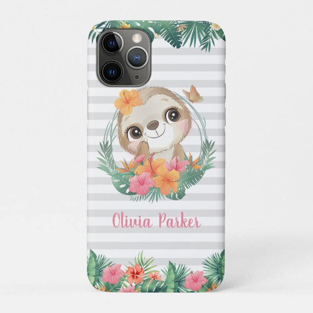 Tropical Borders Hibiscus Flowers Sloth Custom Case-Mate iPhone Case (Back)