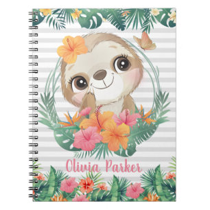 Tropical Borders Hibiscus Flowers Sloth Custom Notebook