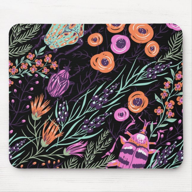 Tropical Botanical and Bugs Colorful Abstract Art Mouse Pad (Front)