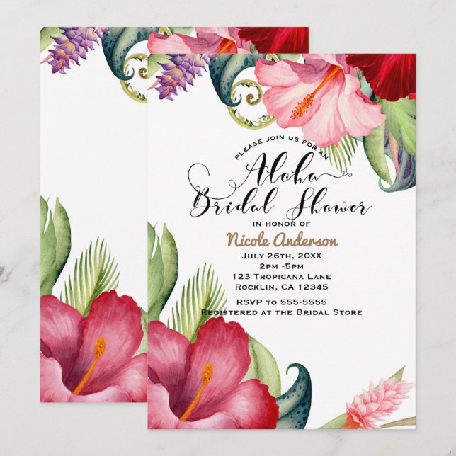 Tropical Botanical Floral Aloha Bridal Shower Invitation (Front/Back)
