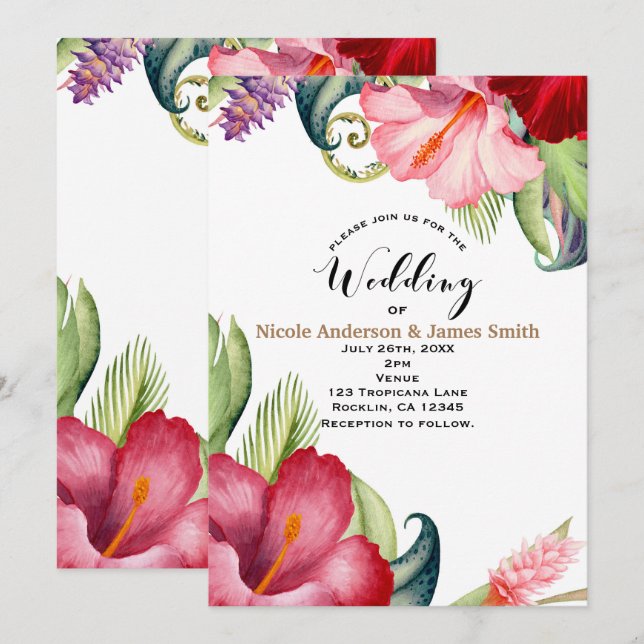 Tropical Botanical Floral Aloha Wedding Invitation (Front/Back)