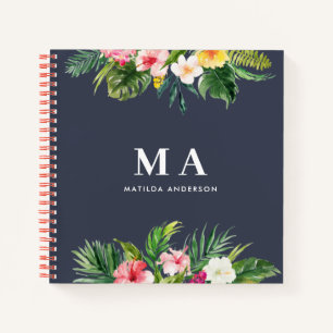 Tropical botanical floral navy blue modern foliage notebook