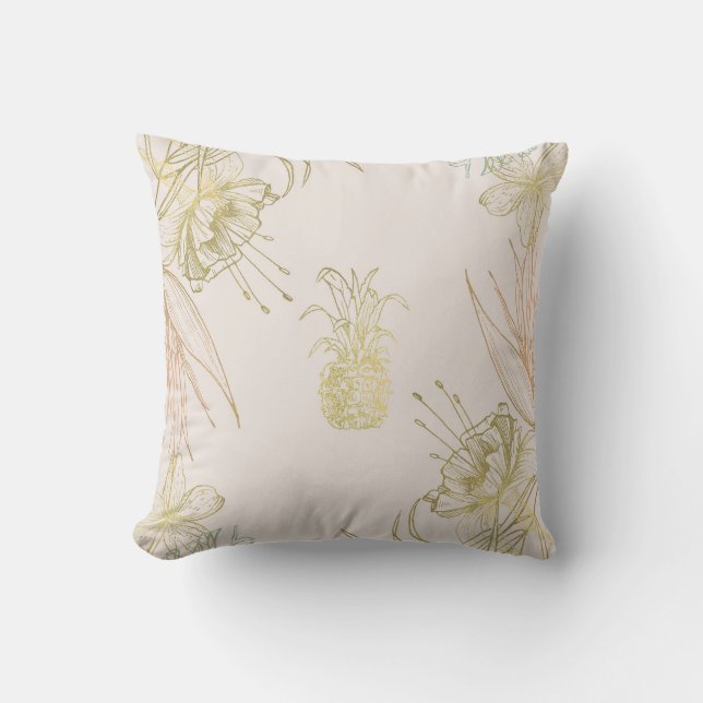 Tropical Botanical Floral Pineapple Gold Blush Throw Pillow (Front)