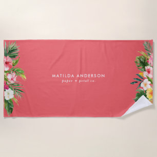 Tropical botanical floral pink modern foliage beach towel