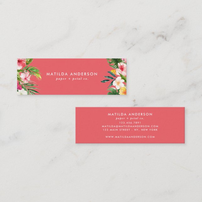 Tropical botanical floral pink modern foliage mini business card (Front/Back)
