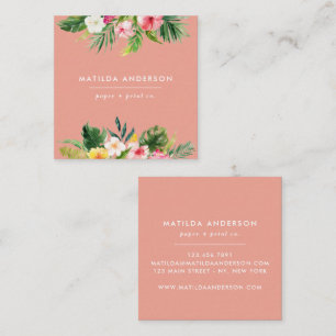 Tropical botanical floral pink modern foliage mini square business card