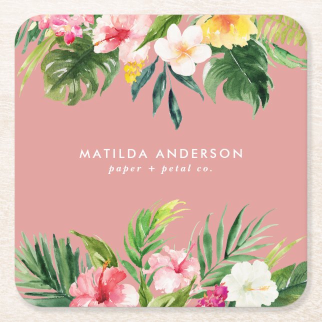 Tropical botanical floral pink modern foliage square paper coaster (Front)