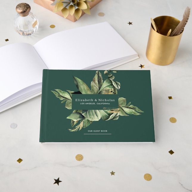 Tropical Botanical Greenery Wedding  Guest Book (Front Open)