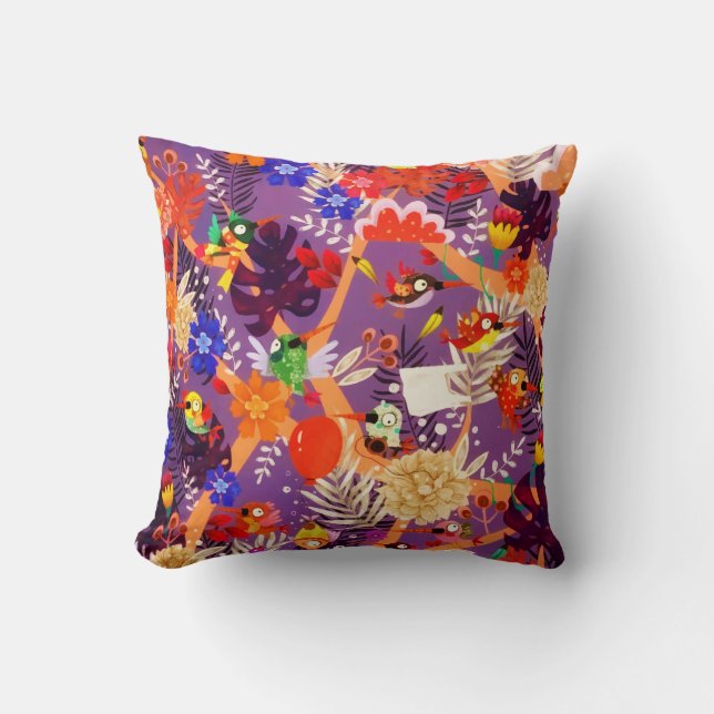 Tropical Botanical Jungle Bird Flowers Paradise Throw Pillow (Front)