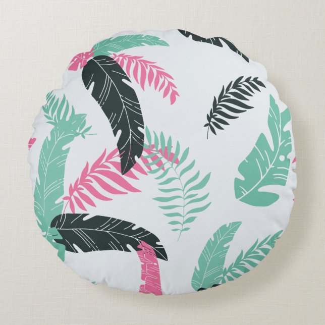 Tropical Botanical Leaf Pattern Round Pillow (Front)