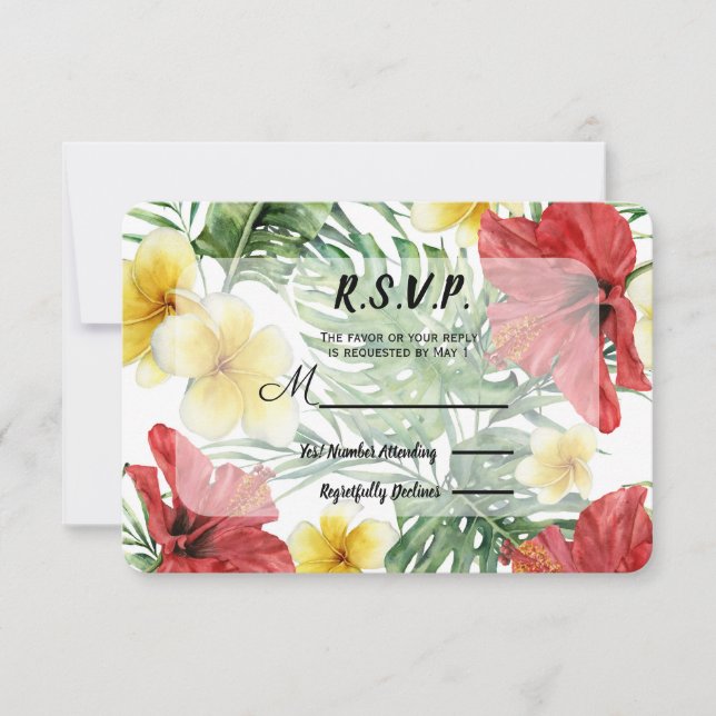Tropical Botanical Leaves Floral Wedding RSVP Card (Front)