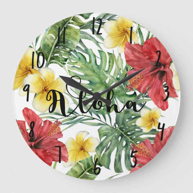 Tropical Botanical Leaves & Flowers Floral Aloha Large Clock (Front)