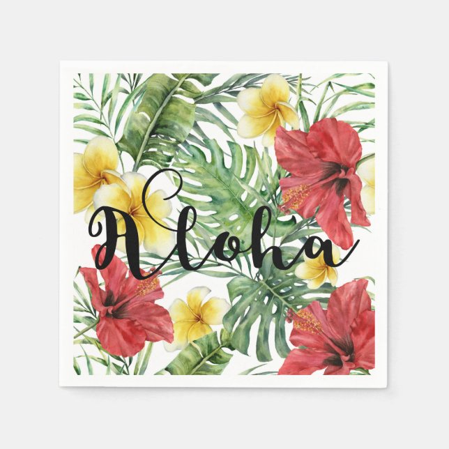 Tropical Botanical Leaves & Flowers Floral Aloha Napkin (Front)