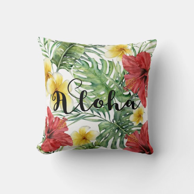 Tropical Botanical Leaves & Flowers Floral Aloha Throw Pillow (Front)