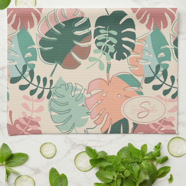 Tropical Botanical Leaves Monogram Kitchen Towels (Folded)