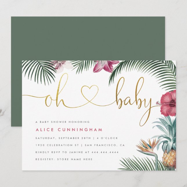 Tropical Botanical Oh Baby Gold Script Baby Shower Invitation (Front/Back)