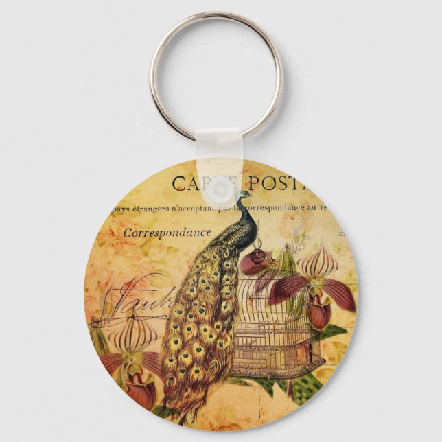 tropical botanical orchid modern vintage peacock keychain (Front)