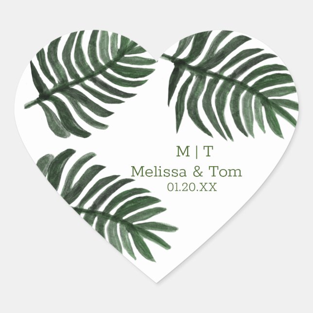 Tropical Botanical Palm Tropical Wedding Thank You Heart Sticker (Front)