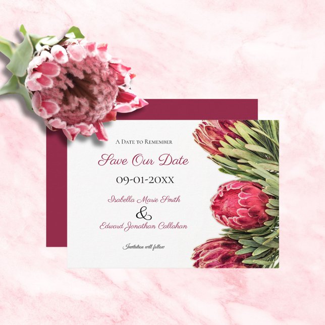 Tropical Botanical Pink Protea Floral Wedding Save The Date (Creator Uploaded)