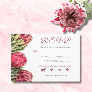 Tropical Botanical Pink Proteas Bouquet Wedding RSVP Card