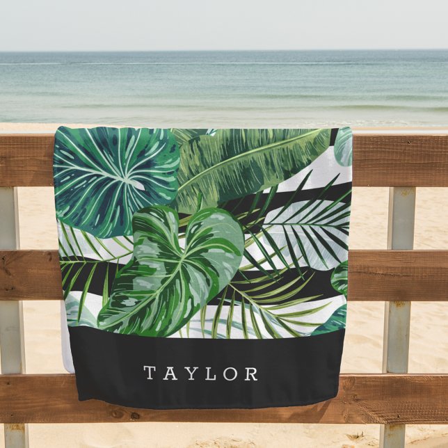 Tropical Botanical Stripe Personalized Beach Towel (Creator Uploaded)