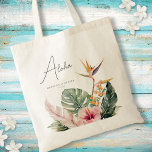 Tropical Botanical Watercolor Destination Wedding Tote Bag<br><div class="desc">This elegant destination wedding tote bag features gorgeous watercolor botanicals including palm leaves, hibiscus, and bird of paradise. The typography is classic yet modern. The script on the front says "Aloha" but this can easily be customized. This is the perfect design for a tropical beach or destination wedding. See the...</div>