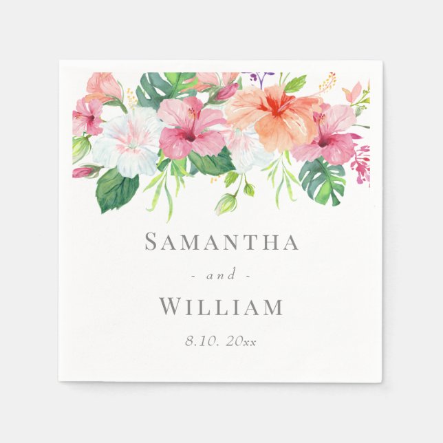 Tropical Botanical Watercolor Floral Wedding Napkin (Front)