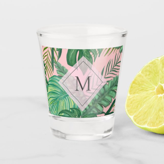 Tropical Botanical Watercolor Pink Art Monogram Shot Glass (Front)
