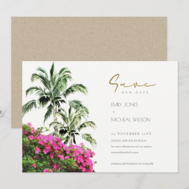 Tropical Bougainville Palm Save The Date Invite (Front/Back)