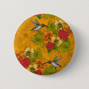 Tropical bouquet and hummingbirds 2 inch round button