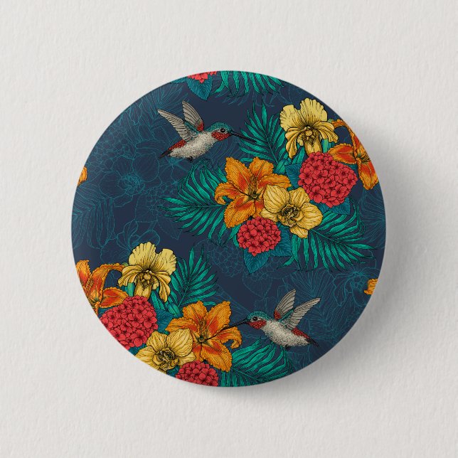 Tropical bouquet and hummingbirds 2 inch round button (Front)