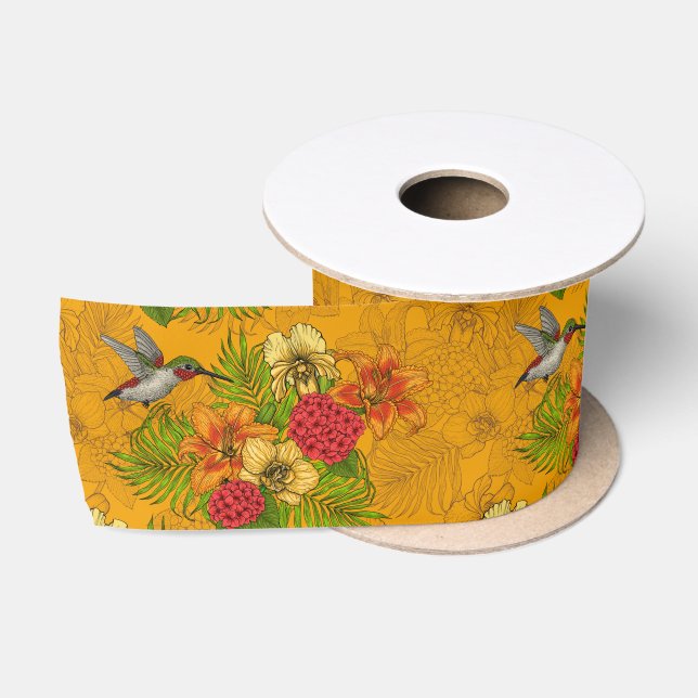 Tropical bouquet and hummingbirds 2 satin ribbon (Spool)