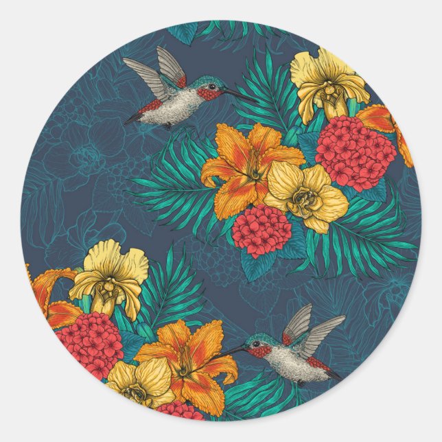 Tropical bouquet and hummingbirds classic round sticker (Front)