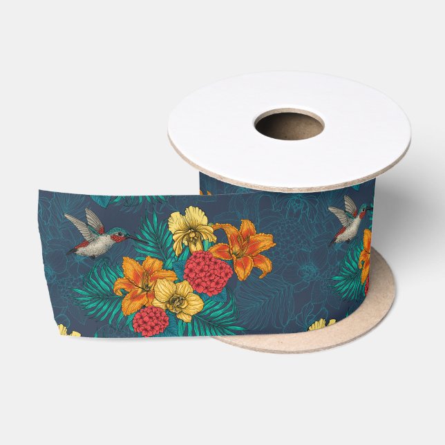 Tropical bouquet and hummingbirds satin ribbon (Spool)