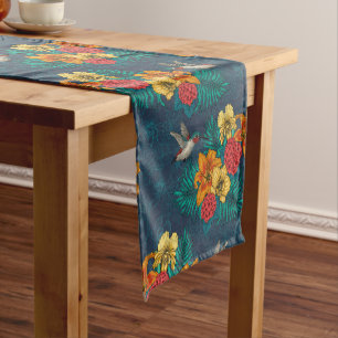 Tropical bouquet and hummingbirds short table runner