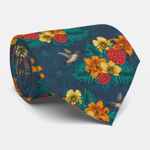 Tropical bouquet and hummingbirds tie