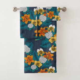 Tropical bouquet on blue bath towel set