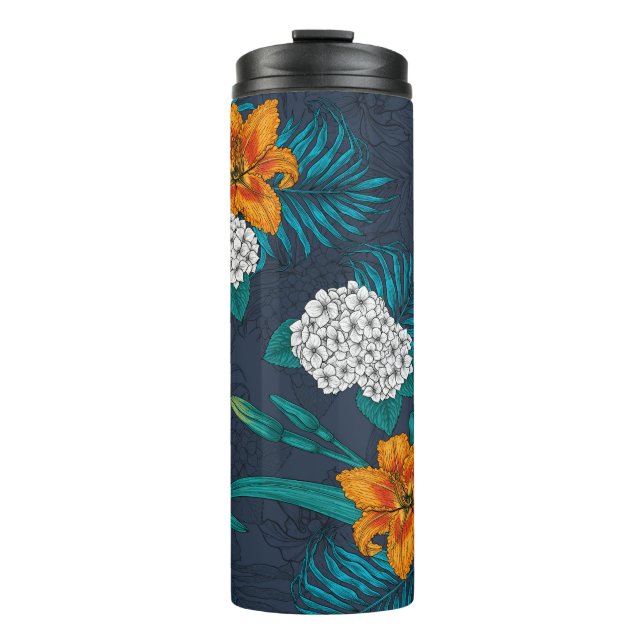Tropical bouquet on blue thermal tumbler (Front)