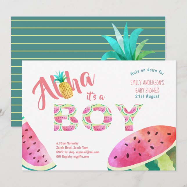 Tropical BOY Baby Shower Invites ALOHA Watermelon (Front/Back)