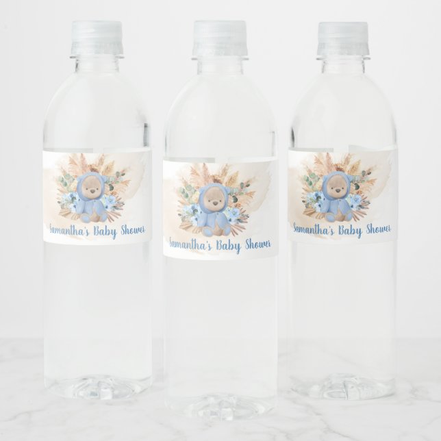 Tropical boy teddy bear pampas grass baby shower water bottle label (Bottles)