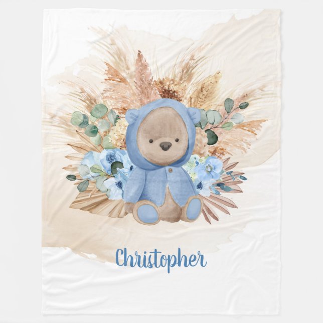 Tropical boy teddy bear pampas grass blue flowers fleece blanket (Front)