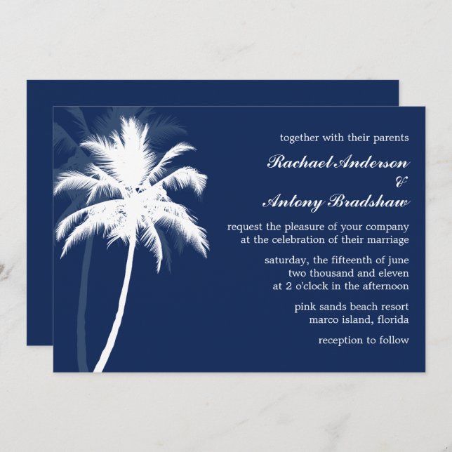 Tropical Breeze Blue Palm Trees Wedding Invitation (Front/Back)