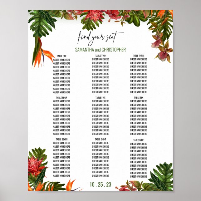 Tropical Breeze Botanical Wedding Seating Chart (Front)