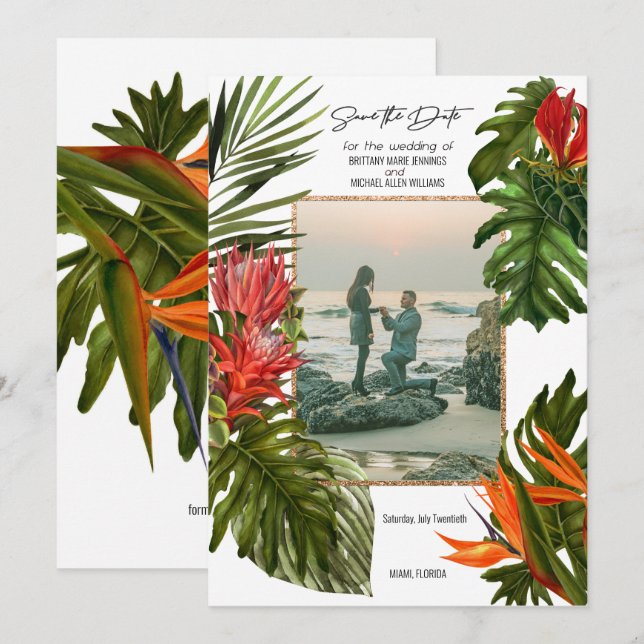 Tropical Breeze Lush Botanical Photo Save the Date Invitation (Front/Back)