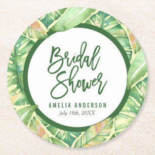 Tropical Bridal Shower Green Watercolor Leaves Round Paper Coaster