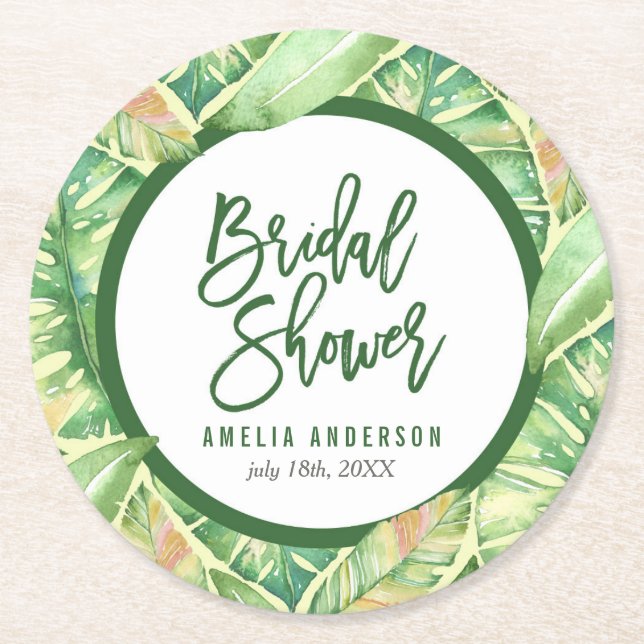 Tropical Bridal Shower Green Watercolor Leaves Round Paper Coaster (Front)