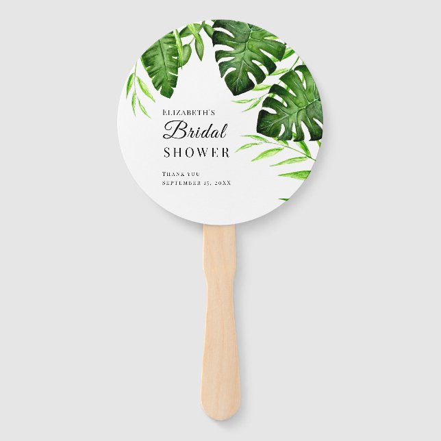 Tropical Bridal Shower Greenery Script Watercolor Hand Fan (Front)